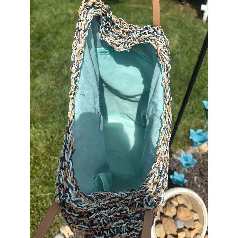 Slouchy Straw Beach Bag Teal Tan Boho Cottagecore Farmers Market